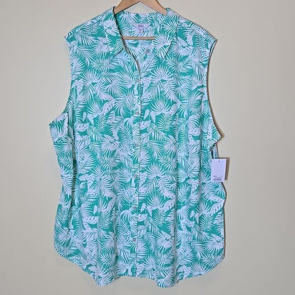 Croft & Barrow Linen Button Down Tank Women Plus 4X Collared Tropical Palm Leaf - Picture 7 of 13